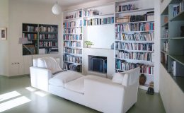 with fireplace, books, and music collection
